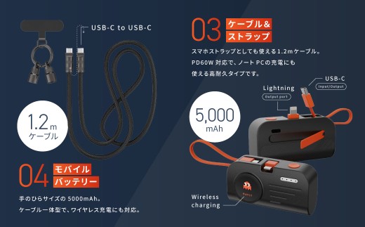 モバイルバッテリーセット （ モバイルバッテリー・ストラップ・充電プラグ・小型エアファン ） ／ 5000mAh 携帯充電器 充電器 充電機 携帯充電 充電 バッテリー 携帯バッテリー 【&Less】