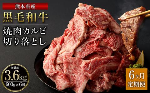 【6ヶ月定期便】熊本県産 黒毛和牛 焼肉 カルビ 切り落とし 合計3,600g 600g 300g×2パック 和牛 牛肉 肉 バーベキュー 炒め物 国産 九州産