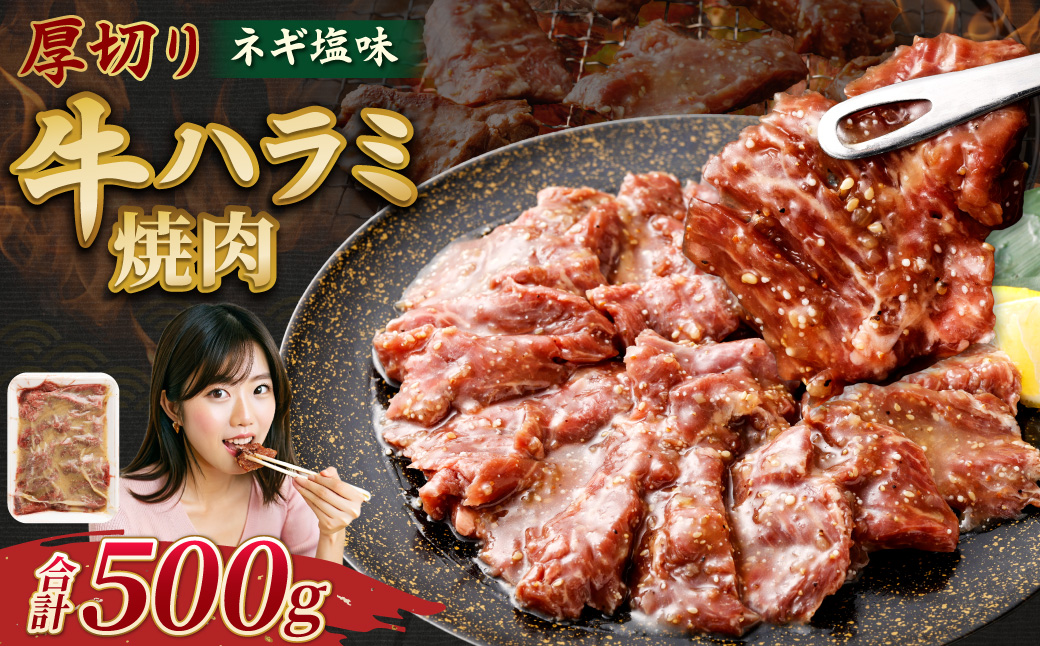 厚切り牛ハラミ焼肉（ネギ塩味） 500g 牛ハラミ ハラミ 牛はらみ はらみ 厚切り 厚切りハラミ ネギ塩 牛肉 肉 ビーフ ハラミ肉 はらみ肉 ホルモン 味付け肉 焼肉 熊本県 西原村 冷凍