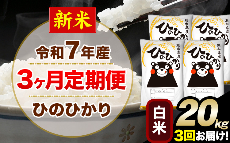新米 令和7年産 【3ヶ月定期便】 白米 ひのひかり 20kg 5kg×4袋《お申し込みの翌月から出荷》熊本県産 単一原料米 南阿蘇村 ひのひかり 送料無料 熊本県 米 コメ こめ 国産---hn7tei_145500_20kg_mo3_mna_h---
