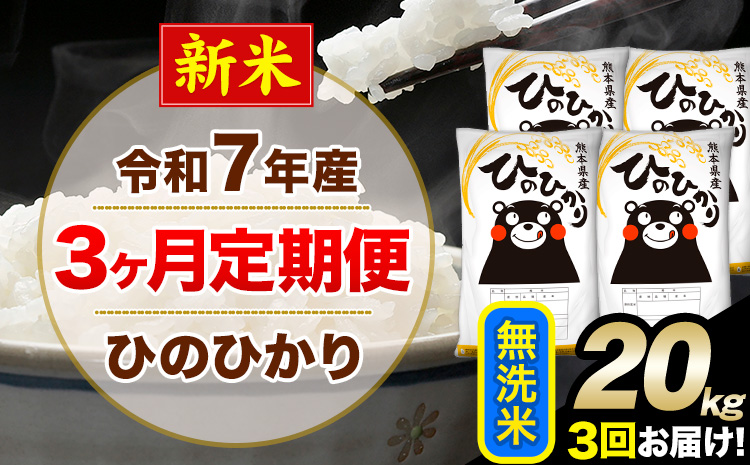 新米 令和7年産【3ヶ月定期便】無洗米 ひのひかり 20kg 5kg×4袋《お申し込みの翌月から出荷》熊本県産 単一原料米 南阿蘇村 ひのひかり 送料無料 熊本県 米 コメ こめ 国産---hn7tei_145500_20kg_mo3_mna_m---