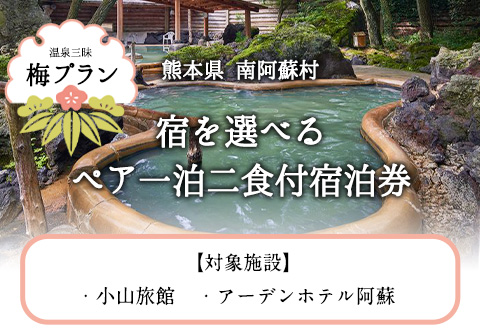 【温泉三昧】宿を選べる南阿蘇ペア平日1泊2食付き宿泊券／梅プラン《30日以内に出荷予定(土日祝除く)》みなみあそ観光局---isms_mkanyadoum_30d_r7_128000_2p---