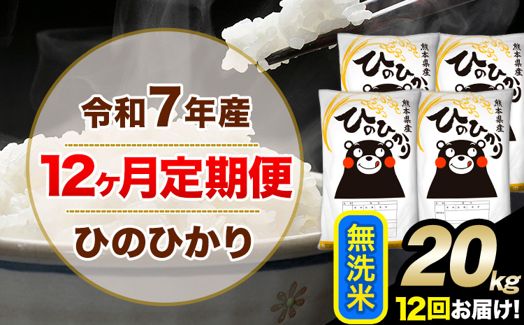令和7年産【12ヶ月定期便】 無洗米 ひのひかり 20kg 5kg×4袋《お申し込みの翌月から出荷》熊本県産 単一原料米 南阿蘇村 ひのひかり 送料無料 熊本県 米 コメ こめ 国産---hn7tei_516000_20kg_mo12_mna_m---