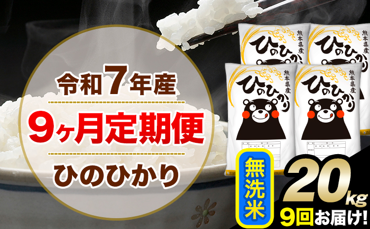 令和7年産 無洗米 【9ヶ月定期便】 ひのひかり 20kg《お申込月の翌月から出荷開始》 無洗米 精米 熊本県産(南阿蘇村産含む) 単一原料米 南阿蘇村 ひの 送料無料 熊本県 SDGs むせんまい 米 コメ こめ 国産 定期便---hn7tei_436500_20kg_mo9_mna_m---