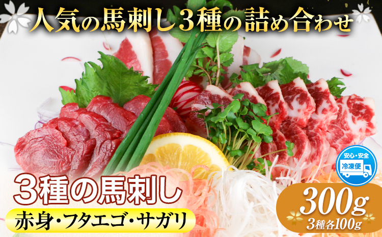 3種の馬刺し 赤身 フタエゴ サガリ 300g 各100g 醤油付き 5ml×2袋 南阿蘇食品[30日以内に出荷予定(土日祝除く)]熊本県 南阿蘇村 馬肉 馬刺し 熊本県産 国産---sms_fmassansyu_30d_24_15500_300g---