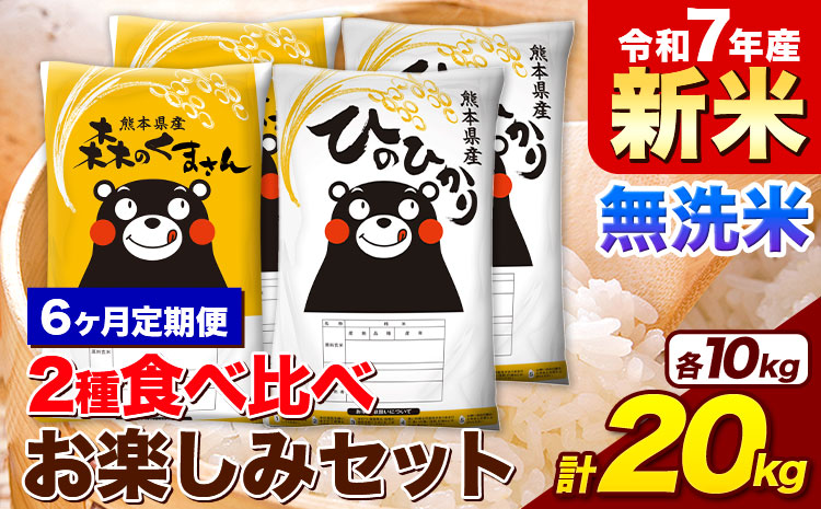 【6ヶ月定期便】新米 米 令和7年産 無洗米 ひのひかり 森のくまさん 2種 食べ比べ 米 計20kg 各5kg×2袋 計4袋 《お申込み翌月から出荷》 ヒノヒカリ お米 こめ 熊本県産 精米 森くま ブランド米 ご飯---mifune_lcl_1119_mo6---