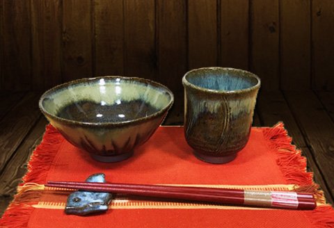 FKK19-613_国指定伝統的工芸品「小代焼」 飯碗(小)・湯呑(小)・千鳥箸置き3点セット