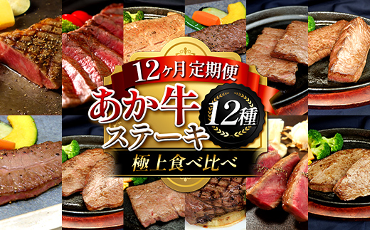 FK7-0263_【12ヶ月定期便】あか牛ステーキ12種 極上食べ比べ 牛肉 あか牛 ステーキ 食べ比べ 冷凍 九州 熊本県 熊本 嘉島 定期便