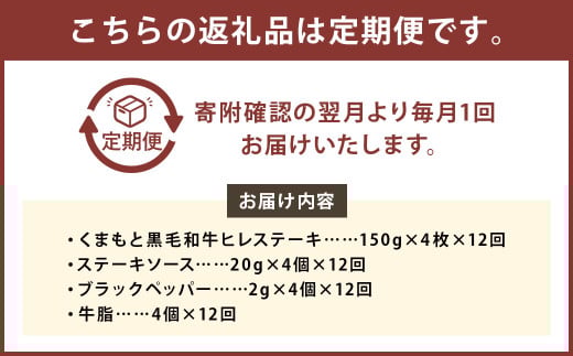 【12ヶ月定期便】くまもと黒毛和牛ヒレステーキ 600g（150g×4枚）