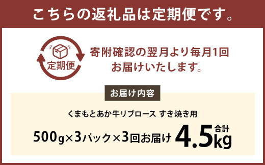 【3ヶ月定期便】 くまもと あか牛 リブロース すき焼き用 1.5kg（500g×3パック）