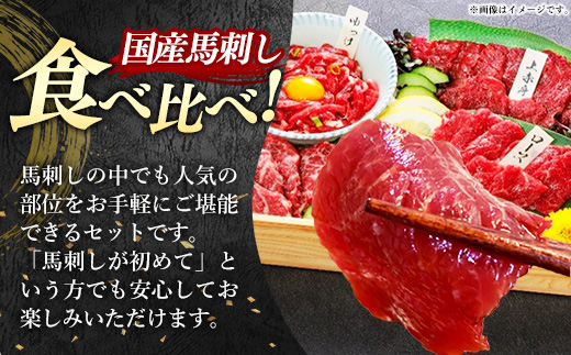 国産４種馬刺し食べ比べセット（彩）【熊本と畜】 - 馬肉 馬刺 上赤身 霜降り ロース ユッケ おつまみ 晩酌 冷凍 ブロック 醤油 ユッケタレ 国産 国内産 熊本県 甲佐町
