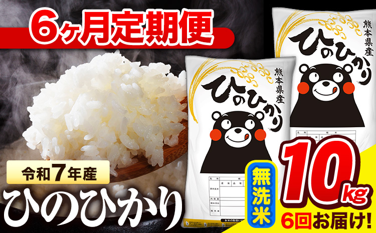 令和7年産 無洗米 【6ヶ月定期便】 ひのひかり 10kg《お申込み翌月から出荷》 熊本県産 無洗米 精米 氷川町 ひの 送料無料 ヒノヒカリ コメ 便利 ブランド米 お米 おこめ 熊本---hn7tei_123000_10kg_mo6_hkw_m---