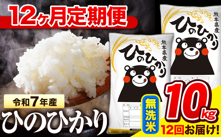 令和7年産 無洗米 【12ヶ月定期便】 ひのひかり 10kg《お申込み翌月から出荷》 熊本県産 無洗米 精米 氷川町 ひの 送料無料 ヒノヒカリ コメ 便利 ブランド米 お米 おこめ 熊本---hn7tei_294000_10kg_mo12_hkw_m---
