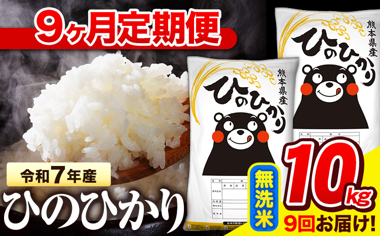 令和7年産 無洗米 【9ヶ月定期便】 ひのひかり 10kg《お申込み翌月から出荷》 熊本県産 無洗米 精米 氷川町 ひの 送料無料 ヒノヒカリ コメ 便利 ブランド米 お米 おこめ 熊本---hn7tei_220500_10kg_mo9_hkw_m---