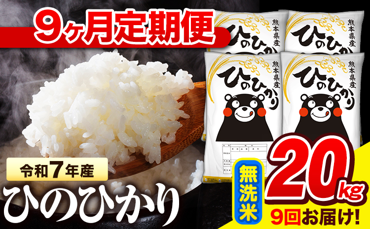 令和7年産 無洗米 【9ヶ月定期便】 ひのひかり 20kg《お申込み翌月から出荷》 熊本県産 無洗米 精米 氷川町 ひの 送料無料 ヒノヒカリ コメ 便利 ブランド米 お米 おこめ 熊本---hn7tei_436500_20kg_mo9_hkw_m---