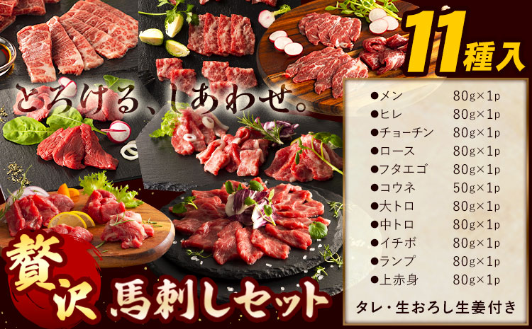 馬肉 馬刺し セット 贅沢馬刺しセット 11種入り 約850g タレ 生おろし生姜付き 道の駅竜北[60日以内に出荷予定(土日祝除く)] 熊本県 氷川町 肉 メン 三枚バラ 大トロ 中トロ ヒレ ロース ランプ チョーチン イチボ フタエゴ 上赤身 コウネ---sh_fyezit_24_60d_100000_850g---