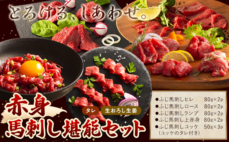 馬肉 馬刺し 赤身 セット 赤身馬刺しの堪能セット 5種入り 約790g タレ ユッケのタレ 生おろし生姜付き 道の駅竜北[60日以内に出荷予定(土日祝除く)] 熊本県 氷川町 送料無料 肉 赤身肉 ヒレ ロース ランプ 上赤身 ユッケ お取り寄せグルメ ---sh_fyeaktn_24_60d_77000_790g---