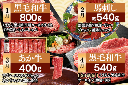 【定期便 12回】 牛肉・馬肉 豪華プレミアム 定期便 【くまもとあか牛 馬肉 黒毛和牛】ステーキ ・馬刺し・すき焼き・しゃぶしゃぶ・霜降り