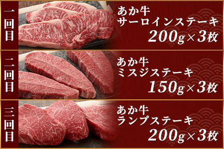 【定期便 6回】あか牛 ステーキ 食べ比べ！ 6回配送 ステーキ 定期便 熊本県産 ≪ サーロイン ミスジ ランプ 三角バラ ヒレ リブ ロース ≫ ステーキ 和牛 あか牛 牛肉 赤身 肉 定期 和牛 国産 ご褒美 定期便 6カ月 046-0676