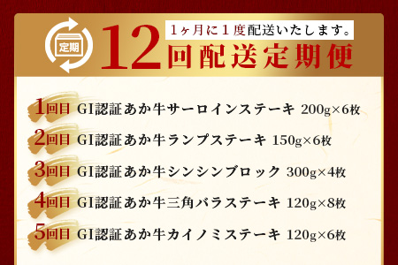 【定期便 12回】≪GI認証≫くまもと あか牛 12種 食べ比べ【家族で ご褒美 定期便】ステーキ シャトーブリアン サーロイン ランプ ミスジ リブ ロース 12回配送 ステーキ 和牛 あか牛 牛肉 赤身 肉 和牛 046-0678
