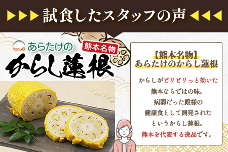 【熊本名物】あらたけの からし蓮根 2本セット (約200g×2本) 辛子 レンコン れんこん 熊本県 特産 名産品 ピリ辛 滋養 多良木町 老舗 あらたけ蒲鉾店 102-0503 2本セット