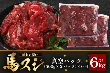 【 定期便 6回 】 熊本県 馬スジ 1㎏（ 500g×2 ） × 6回 【 合計 6kg 】 【 馬肉 すじ肉 大容量 本場 熊本県 馬 赤身 煮込み カレー シチュー 冷凍 真空 熊本 肥育 ヘルシー 赤身 肉 高栄養 肉 】 041-0159