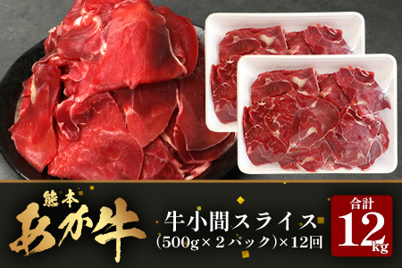 【 定期便 12回 】 熊本県 馬肉 小間スライス 1㎏（500g×2） × 12回 【 合計 12kg 】 【 大容量 本場 熊本県 馬肉 冷凍 真空 熊本 肥育 ヘルシー 赤身 肉 高栄養 肉 】041-0168