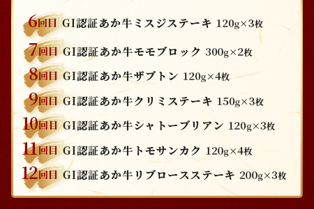 【定期便 12回】≪GI認証≫くまもと あか牛 12種 食べ比べ【ご褒美 定期便】ステーキ シャトーブリアン サーロイン ランプ ミスジ リブ ロース 12回配送 ステーキ 和牛 あか牛 牛肉 赤身 肉 和牛 046-0677