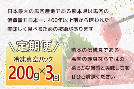 【定期便3回】赤身 馬刺し ブロック 計600g (100g×2)×3回 冷凍真空パック【 熊本県 多良木町 たらぎ 馬肉 馬刺し 冷凍 真空 熊本肥育 】 041-0141