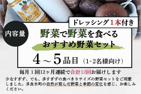 【定期便 12回】野菜ソムリエ 監修【 野菜で野菜を食べる 】旬の おすすめ 野菜＆ドレッシング 定期便 (1?2名様向け) 野菜 獲れたて 直送 旬 新鮮 セット 詰め合わせ 詰合せ 定期便 12カ月 産地 直送 国産 旬 野菜 ひとり暮らし 夫婦 熊本県 多良木町 ドレッシング 024-0808
