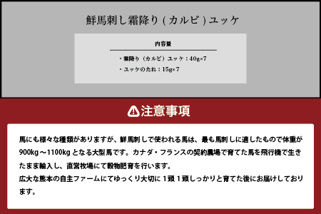 【年末発送】鮮 馬刺し 霜降り (カルビ) ユッケ 7パック 計280g 冷凍 馬刺し 世界的衛生基準SQF認証取得 真空パック カルビ 馬刺 年内発送 年内配送 年末年始 031-0138-R712
