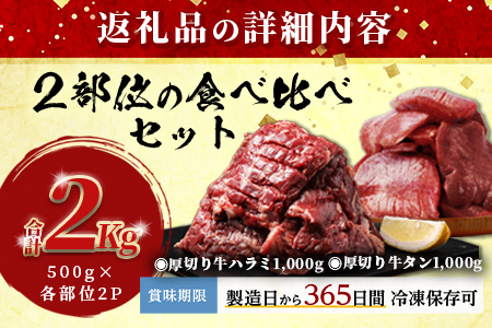 ※12月寄附限定 タン先炭火焼付※人気セット！ 厚切り 牛 ハラミ ステーキ＆ 厚切り 牛タン 【合計 2㎏ 】 小分け 焼肉 BBQ キャンプ アウトドア 牛たん はらみ カット済み 牛肉 肉 冷凍