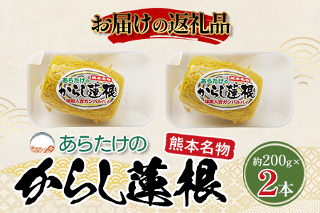 【熊本名物】あらたけの からし蓮根 2本セット (約200g×2本) 辛子 レンコン れんこん 熊本県 特産 名産品 ピリ辛 滋養 多良木町 老舗 あらたけ蒲鉾店 102-0503 2本セット