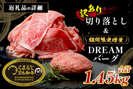 《12月終了》《R8.2～3月発送 限定 増量 》くまもと黒毛和牛 切り落とし 1kg + DREAMバーグ 150g×3個 【合計1450g】 切り落とし 1キロ + 牛肉 100％ 国産 生 ハンバーグ ブランド牛 上質 和牛 霜降り お得 限定品 惣菜 冷凍 熊本県 113-0530