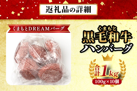 《12月終了》くまもと黒毛和牛  DREAMバーグ 100g×10個 【計1kg】 生 ハンバーグ 牛肉 100％ ブランド牛 黒毛 和牛 お弁当 熊本 上質 肉 惣菜 冷凍 小分け 熊本県 113-0540