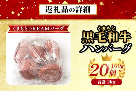《12月終了》くまもと黒毛和牛 DREAMバーグ 100g×20個 【計2kg】 生 ハンバーグ 牛肉 100％ ブランド牛 黒毛 和牛 お弁当 熊本 上質 肉 惣菜 冷凍 小分け 熊本県 113-0541