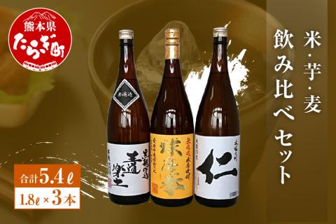 米・芋・麦飲み比べセット (減圧球磨拳・王道楽土・麦焼酎仁) 25度 1.8L×3本【 米焼酎 麦焼酎 お酒 酒 受賞歴 金賞 無濾過 飲み比べ 恒松酒造 】040-0302