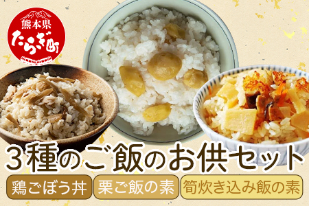 3種のご飯のお供セット ＜ 鶏ごぼう丼・栗ご飯の素・筍炊き込み飯の素 ＞ 【 手軽 簡単 常備 備蓄 常温保存 混ぜご飯 素 具材 たけのこ 栗 ごぼう 熊本県 多良木町 】096-0007