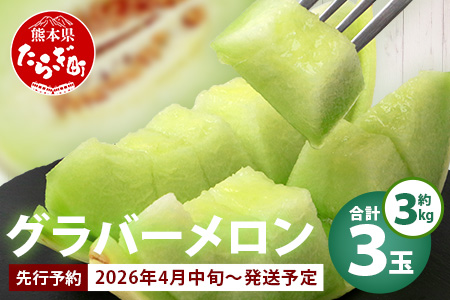 【2026年分 予約】 先行予約 グラバーメロン 3玉 (約3kg) 熊本県 多良木町産 フルーツ 果物 高糖度 甘い メロン ぐらばー めろん 熊本メロン 2026年4月中旬～発送開始