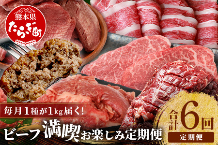 【定期便6回】 1kg×6種！ くまもと ビーフ 満喫 お楽しみ定期便【合計6kg】 熊本 あか牛1kg/牛タン 1kg/黒毛和牛 モモステーキ 1kg/あか牛スジ/ハラミ/黒毛和牛ハンバーグ 和牛 ブランド牛 タン バラエティ 定期便 熊本県産