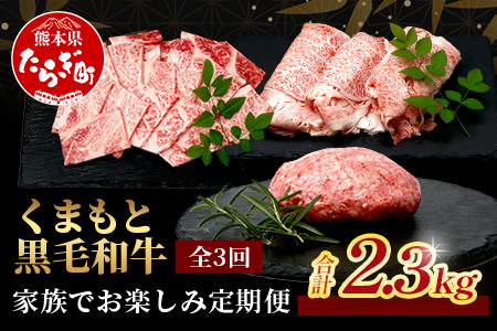《12月終了》【定期便3回】くまもと黒毛和牛 家族でお楽しみ定期便 《 ロース すき焼き 焼肉 ハンバーグ10個 》【合計2.3kg】黒毛 和牛 焼き肉 すスキヤキ 焼き肉 上質 ブランド牛 国産 牛肉 冷凍 熊本県