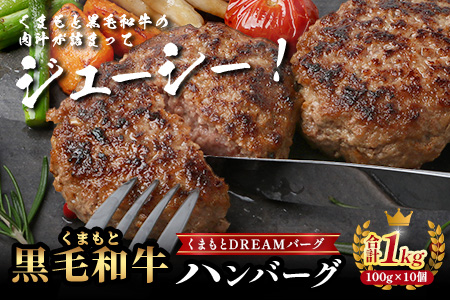 《12月終了》くまもと黒毛和牛  DREAMバーグ 100g×10個 【計1kg】 生 ハンバーグ 牛肉 100％ ブランド牛 黒毛 和牛 お弁当 熊本 上質 肉 惣菜 冷凍 小分け 熊本県 113-0540