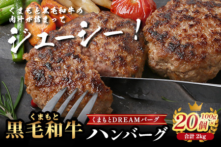 《12月終了》くまもと黒毛和牛 DREAMバーグ 100g×20個 【計2kg】 生 ハンバーグ 牛肉 100％ ブランド牛 黒毛 和牛 お弁当 熊本 上質 肉 惣菜 冷凍 小分け 熊本県 113-0541