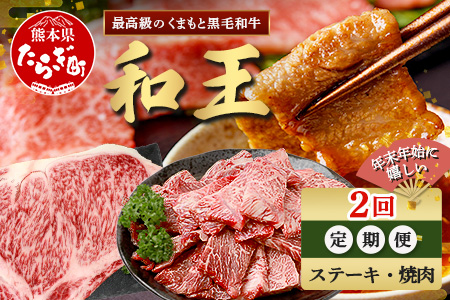 【定期便2回】くまもと 黒毛和牛 (和王) 年末年始 に嬉しい ステーキ・焼肉 定期便【12月/1月配送】合計600g ブランド牛 肉 ロース ステーキ 焼き肉 やきにく 牛肉 お肉 定期便 年末 年始 年内 発送 プレミアム品質 122-0603