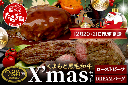 くまもと黒毛和牛 [ クリスマス セット ]ローストビーフ 500g ・ DREAMバーグ 150g×5パック ※12月20・21日限定発送※ 黒毛 和牛 100% ハンバーグ ごちそう ロースト ビーフ クリスマス X'mas 年内 年末年始