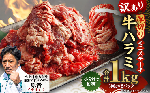 【訳あり】 厚切り牛ハラミ ミニステーキ 500g×2パック 合計1kg 牛肉 肉 ステーキ 焼肉 焼き肉 ハラミ 熊本県 水上村