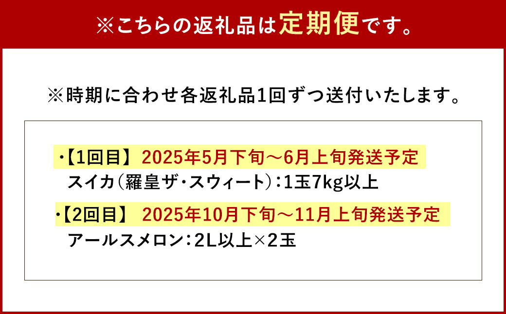 【フルーツ2回定期便】 スイカ＋アールスメロン