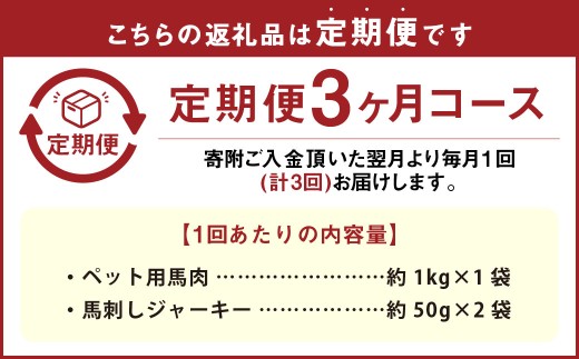 【3回定期便】 ペット用 馬肉 約1kg（1袋）＋馬刺しジャーキー 約100g（約50g×2袋） 約1.1kg×3回 計約3.3kg ジャーキー 馬刺し 馬刺 馬 お肉 肉 ペットフード おやつ ごはん ご飯 餌 えさ エサ 冷凍
