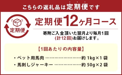 【12回定期便】 ペット用 馬肉 約1kg（1袋）＋馬刺しジャーキー 約100g（約50g×2袋） 約1.1kg×12回 計約13.2kg ジャーキー 馬刺し 馬刺 馬 お肉 肉 ペットフード おやつ ごはん ご飯 餌 えさ エサ 冷凍