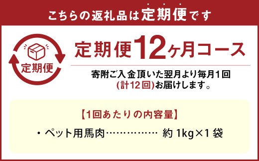 【12回定期便】 ペット用 馬肉 約1kg（1袋）×12回 計約12kg 馬 お肉 肉 ペットフード ドッグフード キャットフード おやつ ごはん ご飯 餌 えさ エサ 冷凍
